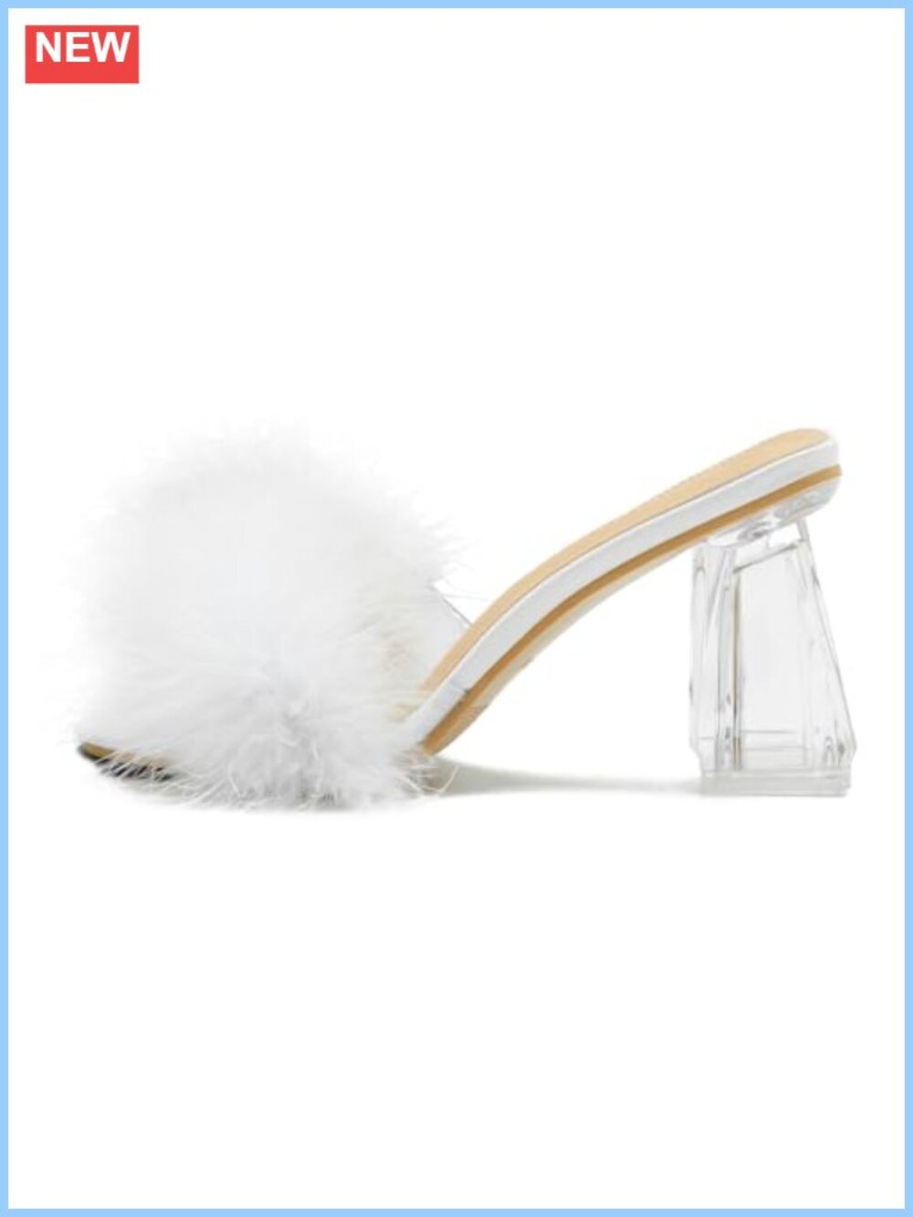 Square Toe Feather High Heel Sandals Block Chunky Heeled Slip On Mule